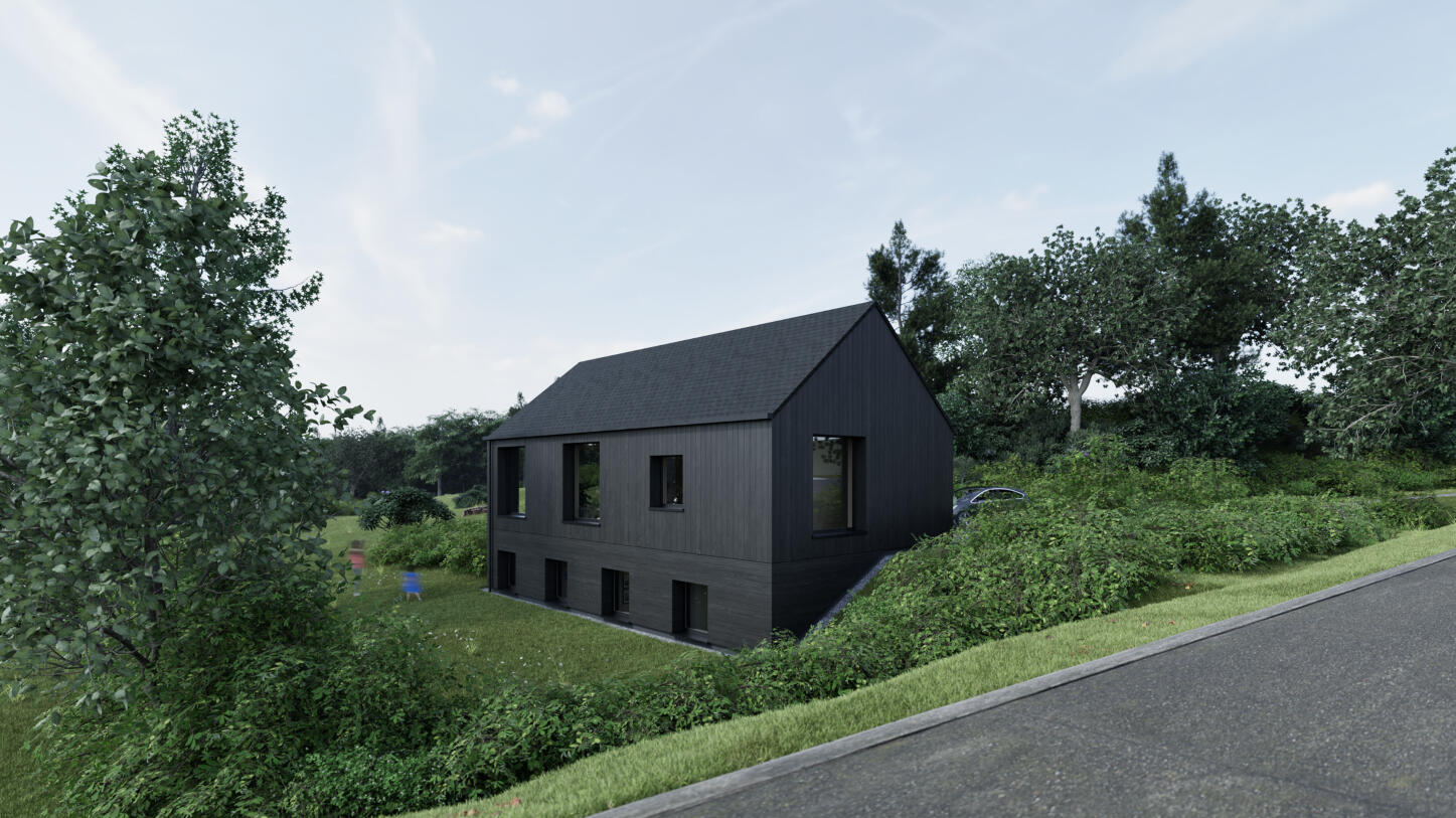 Projet de maison individuelle 4 façades (nouvelle construction) Maison écologique en bardage bois sur terrain en pente, entourée de verdure et arbres. Conception architecturale contemporaine dans un volume traditionnel, intégrée au contexte bâti environnant et utilisant des matériaux durables.