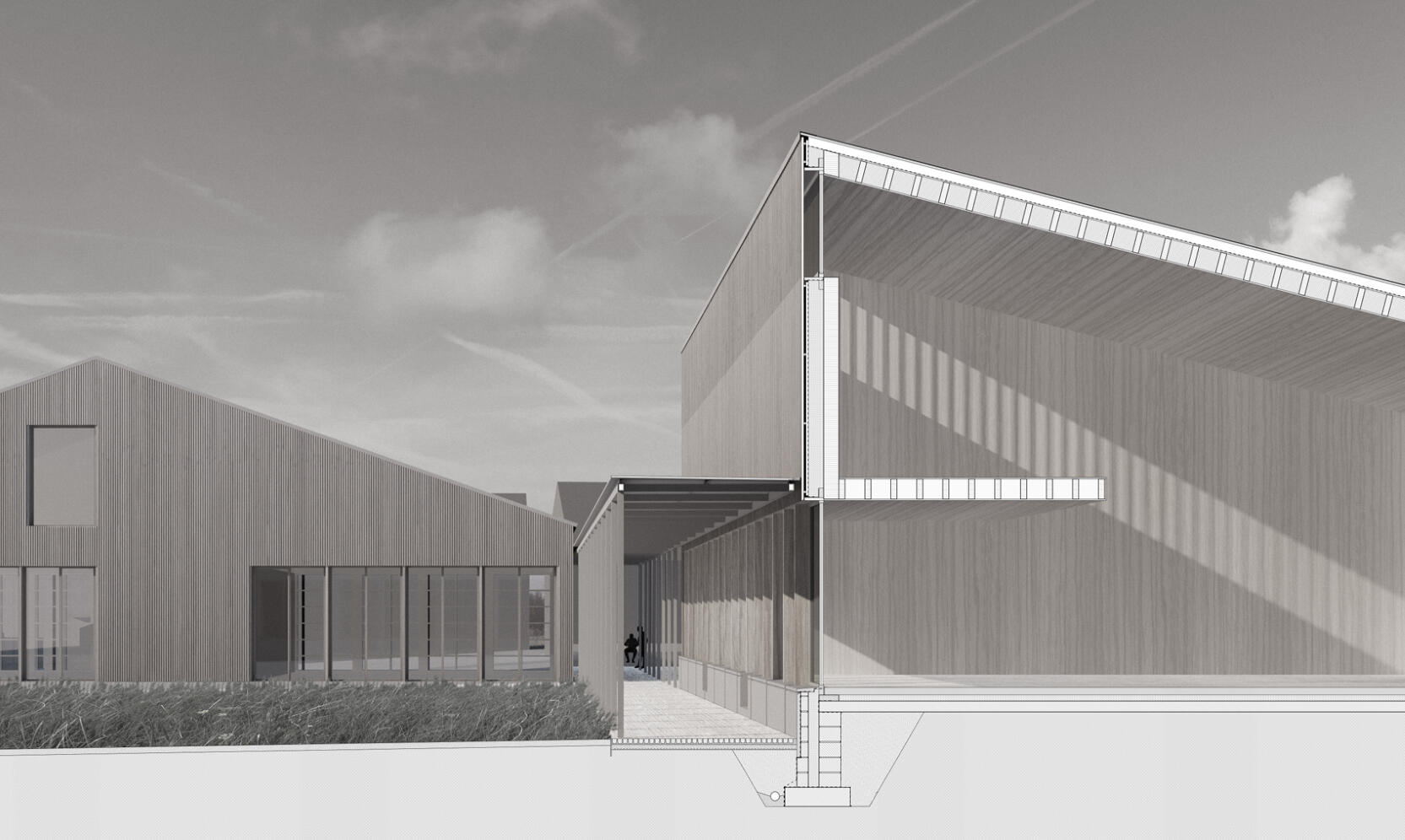 Projet d'atelier rural Rendu 3D avec détail constructif pour assurer une bonne mise en œuvre du projet lors du chantier. Construction rurale contemporaine en bardage bois avec jeux de lumière.