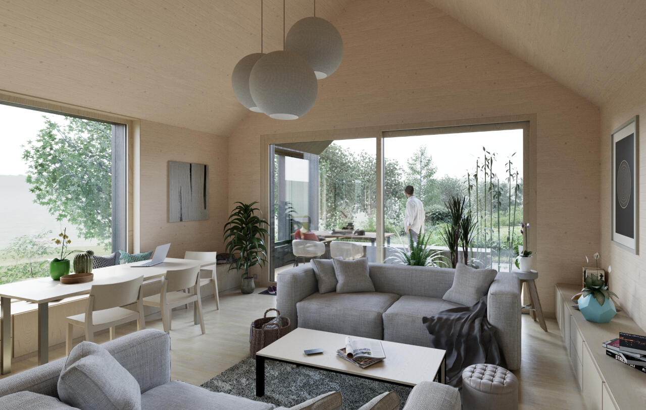 Maison individuelle (architecture d'intérieur) Espace intérieur moderne dans un volume traditionnel. Vue toute hauteur sur la toiture à 2 versants (plafond cathédrale). Aménagement et design intérieur. Espace compact et fonctionnel, avec une belle lumière naturelle.