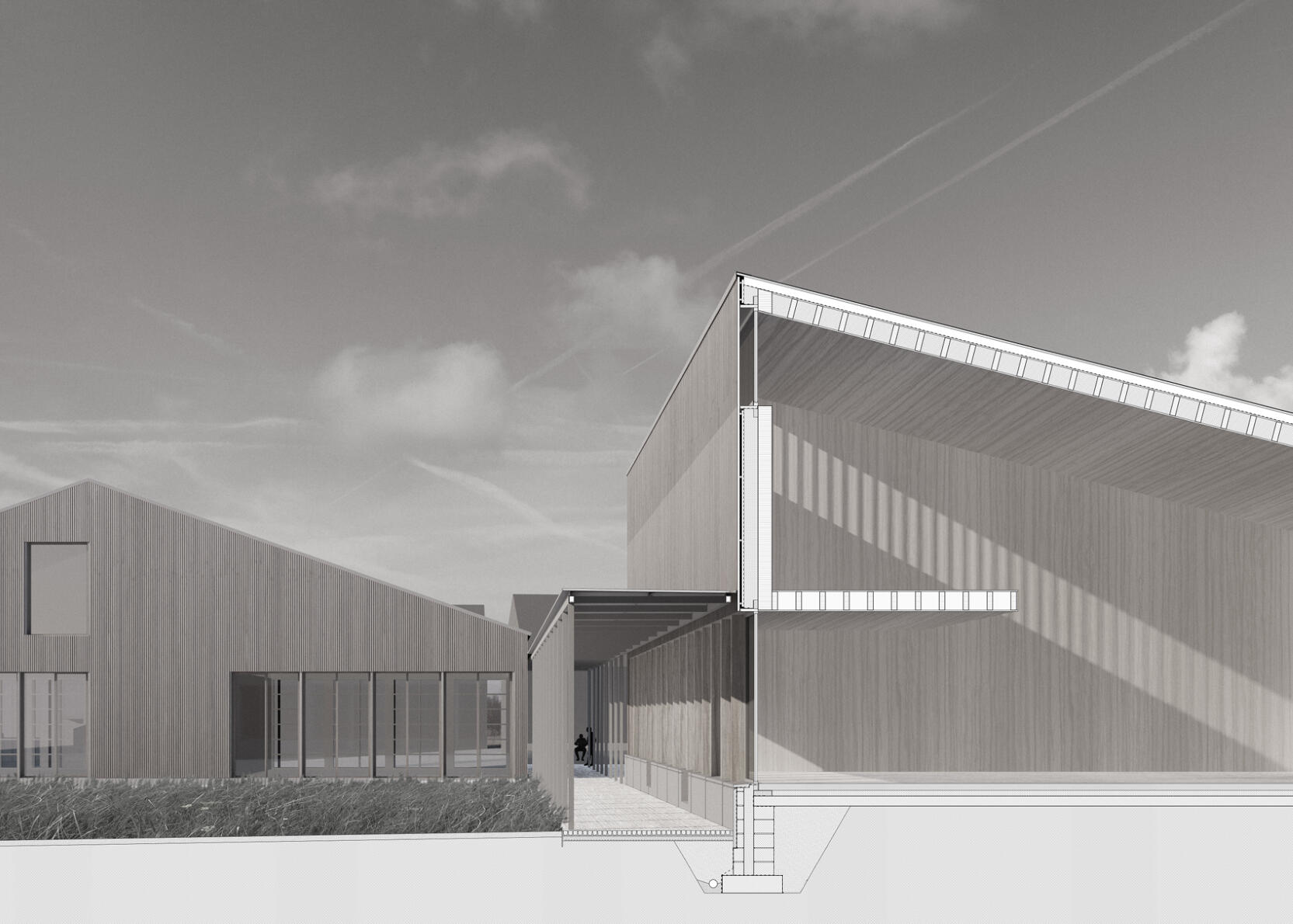 Projet d'atelier rural Rendu 3D avec détail constructif pour assurer une bonne mise en œuvre du projet lors du chantier. Construction rurale contemporaine en bardage bois avec jeux de lumière.