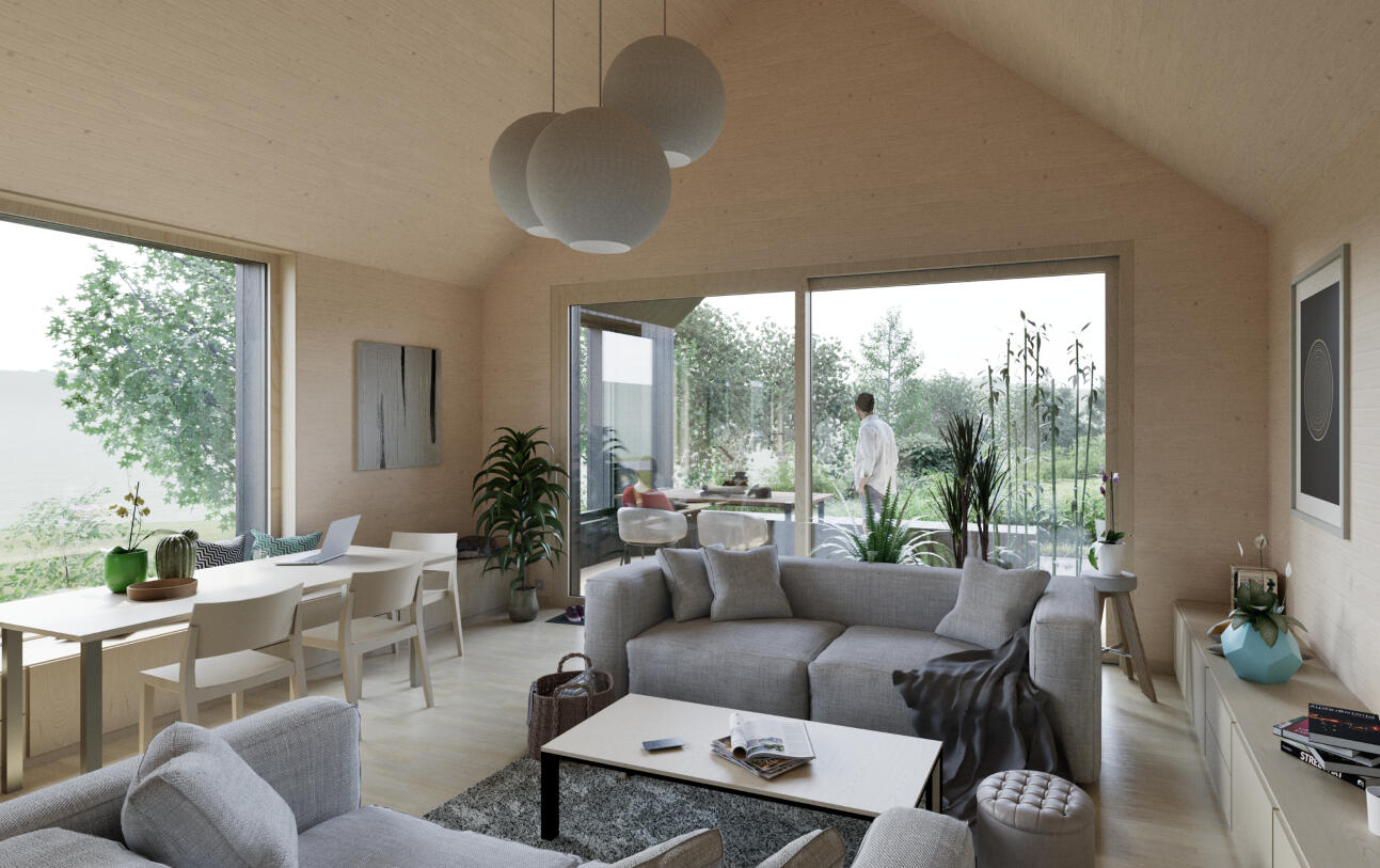 Maison individuelle (architecture d'intérieur) Espace intérieur moderne dans un volume traditionnel. Vue toute hauteur sur la toiture à 2 versants (plafond cathédrale). Aménagement et design intérieur. Espace compact et fonctionnel, avec une belle lumière naturelle.